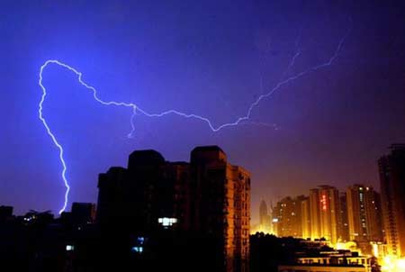 A flash of lightening splits the night sky in Wuhan, Hubei Province at 1 a.m. on Saturday, May 3, 2008.