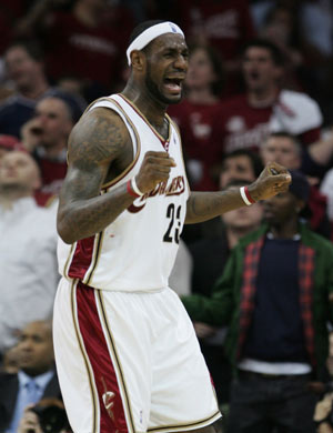 Cleveland Cavaliers' Lebron James reacts to being called for foul during the second quarter of Game 4 of their NBA Eastern Conference semi-finals basketball series against the Boston Celtics in Cleveland, Ohio, May 12, 2008.