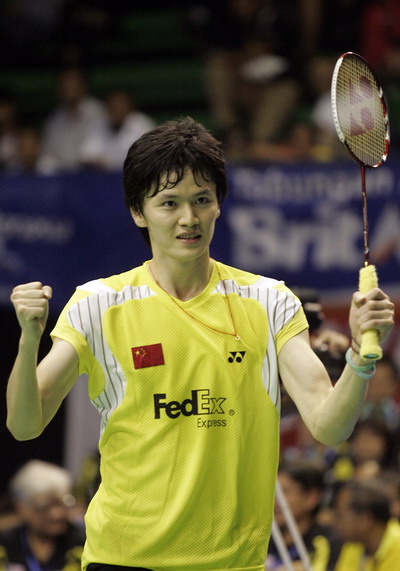 Bao Chunlai of China celebrates winning a point against Wong Choong Hann of Malaysia during their semi-final match at the Thomas Cup badminton tournament in Jakarta yesterday.