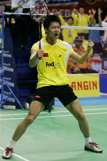 China's Chen Jin celebrates after defeating Muhammad Hafiz Hashim of Malaysia in their key semifinal match at the Thomas Cup in Jakarta yesterday. Chen won 21-12, 21-16.