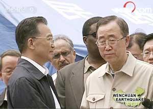 Premier Wen Jiabao has thanked UN Secretary-General Ban Ki-moon for the United Nations' quake relief efforts.