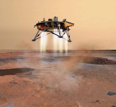 This artist's concept depicts NASA's Phoenix Mars Lander a moment before its planned touchdown on the arctic plains of Mars.