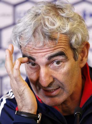 France's coach Raymond Domenech speaks to reporters in Tignes in the French Alps May 26 ,2008.