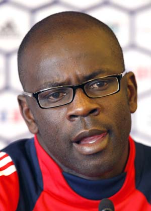 French defender Lilian Thuram answers questions from reporters in Tignes in the French Alps May 26 ,2008. 