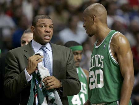 Boston Celtics head coach Doc Rivers and guard Ray Allen speak on the sideline as their team met the Detroit Pistons in the second quarter during Game 4 of the NBA Eastern Conference Finals in Auburn Hills, Michigan, May 26, 2008.