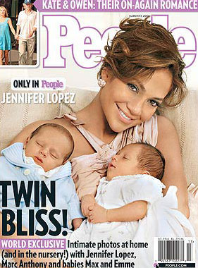 Jennifer Lopez proudly shows off her then 3-week-old twins Max and Emme on the cover of the People issue. Jennifer Lopez and her husband Marc Anthony refuse to hire a nanny to look after their twins.