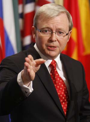 Australian Prime Minister Kevin Rudd answers questions from journalists after meeting with U.N. Secretary-General Ban Ki-moon at the United Nations headquarters in New York March 29, 2008.
