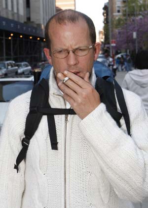 Jack Jordan leaves court in New York April 29, 2008, after the second day of trial for allegedly stalking actress Uma Thurman.