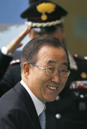 United Nations Secretary General Ban Ki-moon arrives at a U.N. crisis summit on rising food prices at the Food and Agriculture Organisation (FAO) in Rome June 3, 2008.