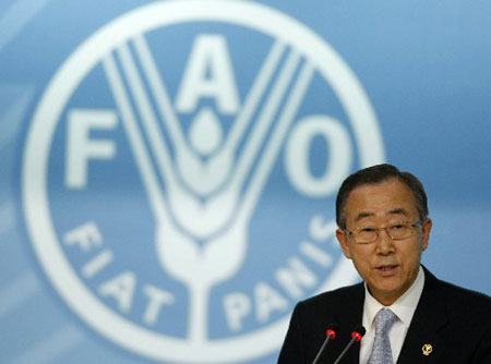 United Nations Secretary General Ban Ki-moon speaks during a U.N. crisis summit on rising food prices at the Food and Agriculture Organisation (FAO) in Rome June 3, 2008. (Xinhua/AFP Photo)