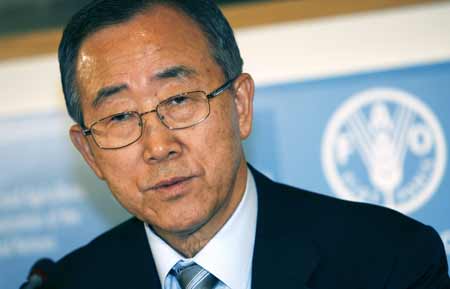 United Nations Secretary General Ban Ki-moon speaks during a press conference at a U.N. crisis summit on rising food prices at the Food and Agriculture Organisation (FAO) in Rome June 4, 2008. 