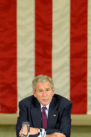 U.S. President George W. Bush speaks during a meeting on China earthquake relief efforts at the American Red Cross National Headquarters in Washington, DC, on June 6, 2008. (Xinhua/Zhang Yan