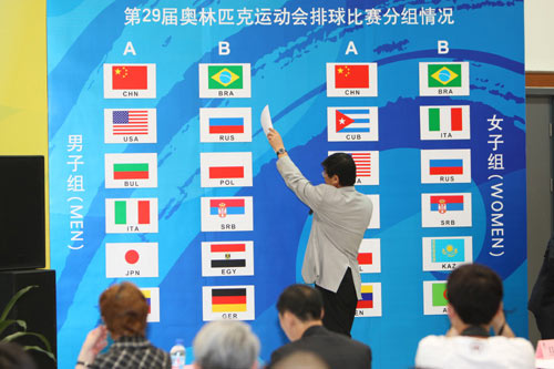 The draw for the Olympic women's volleyball event is hosted by Sun Jianhui in Beijing yesterday. 