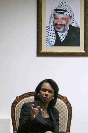 Secretary of State Condoleezza Rice gestures during the meeting with Palestinian President Mahmoud Abbas in the West Bank city of Ramallah June 15, 2008.