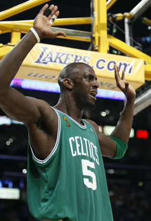 Boston Celtics forward Kevin Garnett reacts after being called for a foul in the first quarter of Game 5 of the NBA Finals basketball championship against the Los Angeles Lakers in Los Angeles, June 15, 2008. 