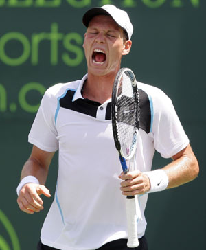 Tomas Berdych of Czech Republic reacts after losing a point against Rafael Nadal of Spain during their semifinal match at the Sony Ericsson Open tennis tournament in Key Biscayne, Florida April 4, 2008. 