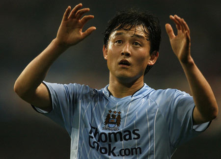 Manchester City's Sun Jihai gestures during their English Premier League soccer match against Sunderland at the City of Manchester Stadium in Manchester, northern England, November 5, 2007.