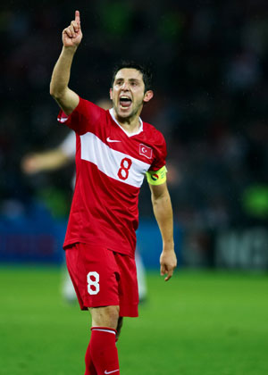 Turkey's Nihat Kahveci celebrates after scoring during the Euro 2008 Group A soccer match against Czech Republic at Stade de Geneve stadium in Geneva, Switzerland, June 15, 2008.
