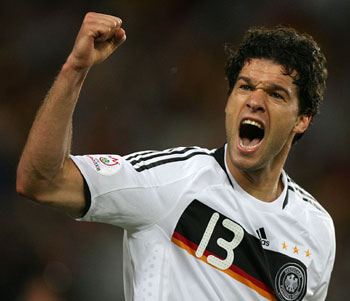 Germany's Michael Ballack celebrates scoring during the quarterfinals against Portugal at the Euro 2008 Championships in Basel, Switzerland, on June 19, 2008.