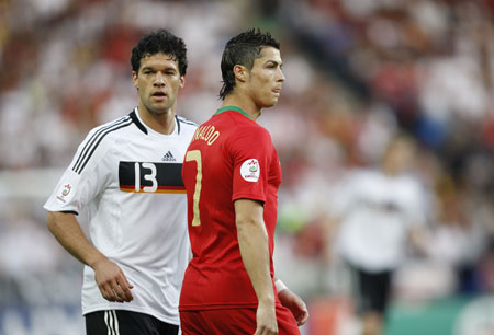 Portugal's Cristiano Ronaldo (R) and Germany's Michael Ballack react during the quareterfinals at the Euro 2008 Championships in Basel, Switzerland, on June 19, 2008.
