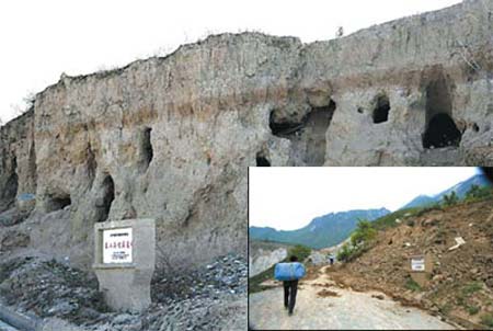 A tomb site of the Western and Eastern Han dynasties (206BC-AD220) before the quake. (Inset): The tomb site's remains following May 12.