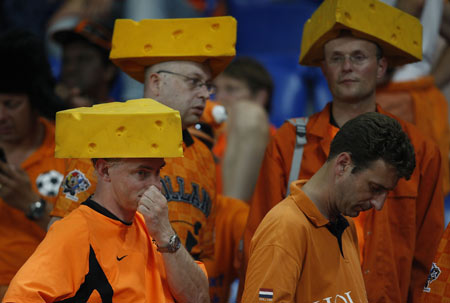 Fans of the Netherlands look depressed after the team lost to Russia during the quarterfinal of the Euro 2008 Championships in Basel, Switzerland, on June 21, 2008. The Netherlands lost the match 1-3.