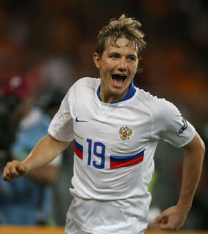 Russia's Roman Pavlyuchenko celebrates scoring in a quarterfinal against the Netherlands at the Euro 2008 Championships in Basel, Switzerland, on June 21, 2008. 