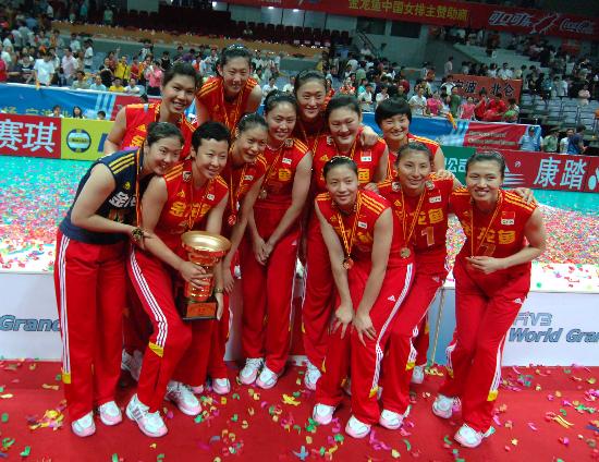 China wins over Brazil 3-2 to top Group B at the FIVB World Grand Prix preliminary round held in east China's port city of Ningbo on Sunday, June 22, 2008. 