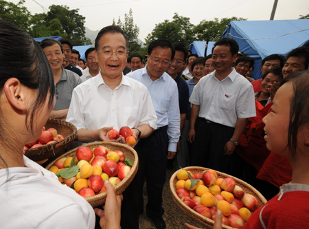 Chinese Premier Wen Jiabao receives nectarines presented by residents at Guanggou Village in Kangxian County, northwest China's Gansu Province, June 21, 2008. 
