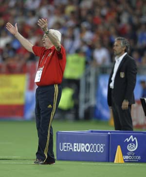 Spain's coach Luis Aragones (L) gestures as Italy's coach Roberto Donadoni watches the play during their Euro 2008 quarter-final soccer match at the Ernst Happel Stadium in Vienna,  June 22, 2008.