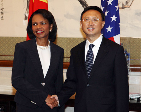 Chinese Foreign Minister Yang Jiechi (R) meets with United States Secretary of State Condoleezza Rice at the Diaoyutai State Guesthouse in Beijing,  China, June 29, 2008. 