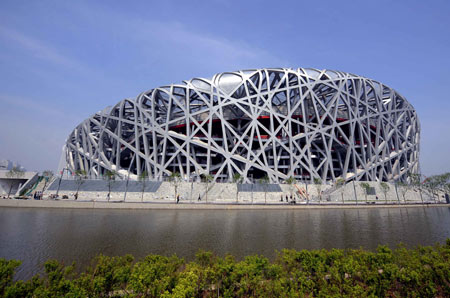 Photo taken on May 16, 2008 shows the exterior of the National Stadium, also known as the bird's nest will be the main track and field stadium for the 2008 Summer Olympic Games and serves as venue to the Opening and Closing ceremonies of the games. 