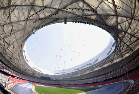 Photo taken on May 16, 2008 shows the interior of the National Stadium, also known as the bird's nest. The National Stadium will be the main track and field stadium for the 2008 Summer Olympic Games and serves as venue to the Opening and Closing ceremonies of the games.