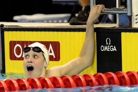 Katie Hoff checks the result after the Women's 400m Individual Medley at the U.S. Olympic Swimming Trials in Omaha of the United States, June 29, 2008. Hoff won the title and set a new world record with 4 minutes and 31.12 seconds.