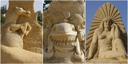 A combination photo shows sand sculptures on display before the official opening of the First international sand sculptures festival in the Black Sea coastal town of Bourgas, some 390 km (246 miles) east from capital Sofia, June 30, 2008.