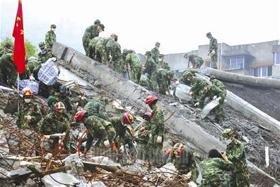 Soldiers were seen digging for buried archives in the county seat town of Beichuan n southwest China&apos;s Sichuan Province were seen in this photo taken on Friday, July 4, 2008. 