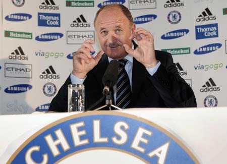 Chelsea's manager Luiz Felipe Scolari gestures during a news conference at Cobham in Surrey in southern England, July 8 2008. The former Brazil and Portugal national soccer team manager was officially unveiled today as new Chelsea head coach.