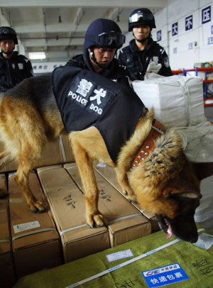 A police dog from the Bengbu railway special police checks for suspicious goods, July 10, 2008. In order to ensure Olympic security, the Bengbu railway policemen in Anhui Province are on patrol everyday.