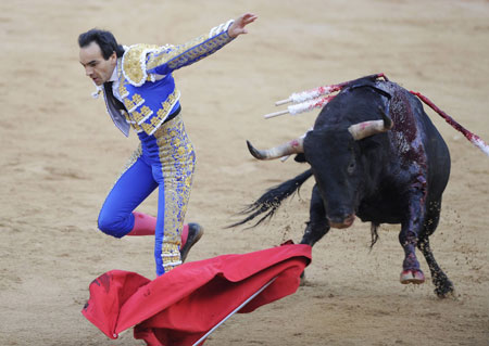 Spanish bullfighter Manuel Jesus "El Cid" gets hit by a bull during the fifth bullfight of the San Fermin festival in Pamplona July 11, 2008.