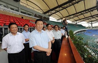 Xi Jinping (front R), member of the Standing Committee of the Political Bureau of the Communist Party of China (CPC) Central Committee and Chinese vice president, inspects the Qinhuangdao Olympic Centre Stadium in Qinhuangdao, north China's Hebei province, July 15, 2008. Xi inspected the preparation for football games in Qinhuangdao on Tuesday. (Xinhua/Huang Jingwen)