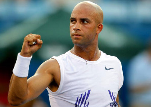 James Blake reacts during his first-round match against Dudi Sela at the Indianapolis Championships on Tuesday. Blake won the match 7-6 (2), 6-2.