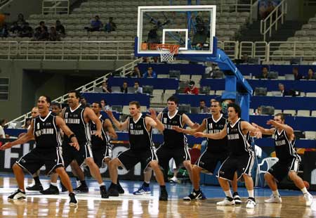 New Zealand's players perform the Haka before a basketball game against Germany at FIBA Olympic qualifying tournament in Athens July 16, 2008.