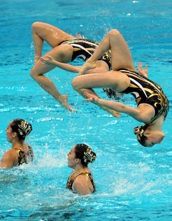 Japanese team compete during the technical routine of team event in the 'Good Luck Beijing' Olympic Games Synchronized Swimming Qualification Tournament 2008 at the National Aquatics Center in Beijing, capital of China, on April 17, 2008. Japanese team took the second place with 96.334 points (100% Points) after the technical routine. 