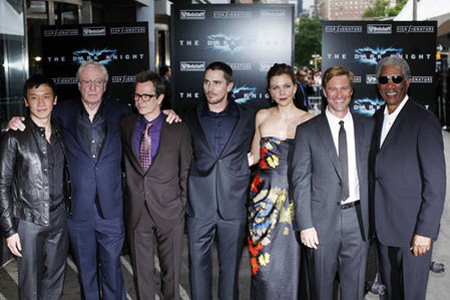 Actors (L-R) Chin Han, Michael Caine, Gary Oldman, Christian Bale, Maggie Gyllenhaal, Aaron Eckhart and Morgan Freeman pose for photographers during the premiere of the film The Dark Knight in New York, July 14, 2008. (Xinhua/Reuters Photo)