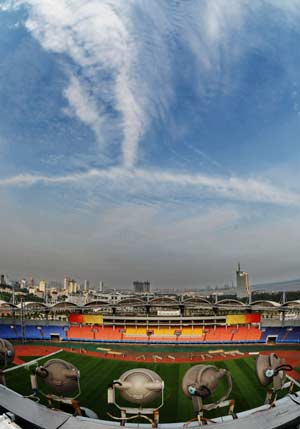 The photo taken on July 18, 2008 shows the bird's eye view of the Qinhuangdao Olympic Sports Center Stadium in Qinhuangdao, east China's Hebei Province. The Qinhuangdao Olympic Sports Center Stadium will host 12 football matches during the 2008 Beijing Olympic Games.