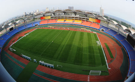 The photo taken on July 18, 2008 shows the bird's eye view of the Qinhuangdao Olympic Sports Center Stadium in Qinhuangdao, east China's Hebei Province. The Qinhuangdao Olympic Sports Center Stadium will host 12 football matches during the 2008 Beijing Olympic Games. 