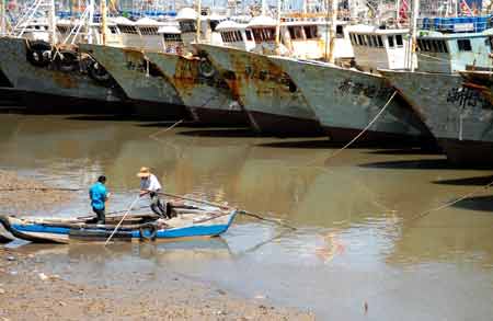  Fishermen try to tie cable mooring ropes while fishing vessels are anchored in Zhujiajian harbor in Zhoushan, east China's Zhejiang Province, July 18, 2008. 