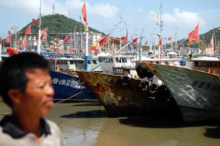  A fisherman walks past fishing vessels anchored in Zhujiajian harbor in Zhoushan, east China's Zhejiang Province, July 18, 2008. 