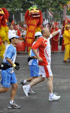 The Olympic torch was relayed in Jinan, capital city of Shandong Province on July 23, 2008.