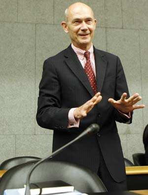 World Trade Organization (WTO) Director-General Pascal Lamy  gestures before an informal  session of the Trade Negotiation Committee at the WTO headquarters in Geneva July 21, 2008.